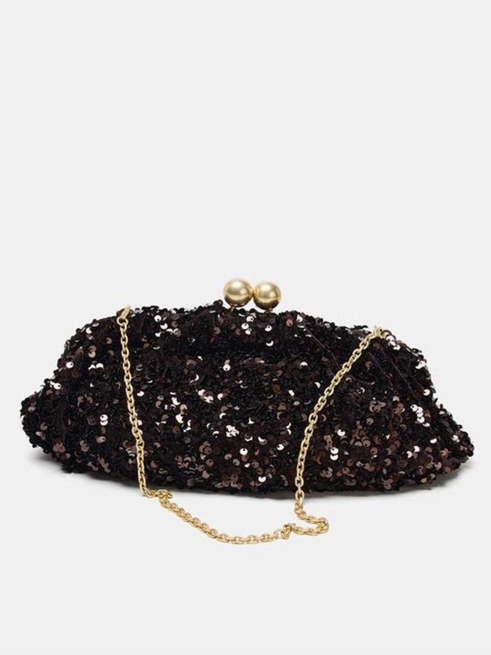 Zara Clutch Sequins Brown Clip Closure Shoulder Crossbody Chain Timeless Chic